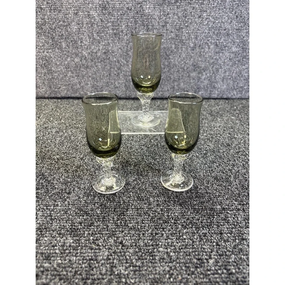 3~Vtg~Cordial/Cocktail Glasses~Jadeite/Smokey Grey Crystal Bowl & Twisted Stem